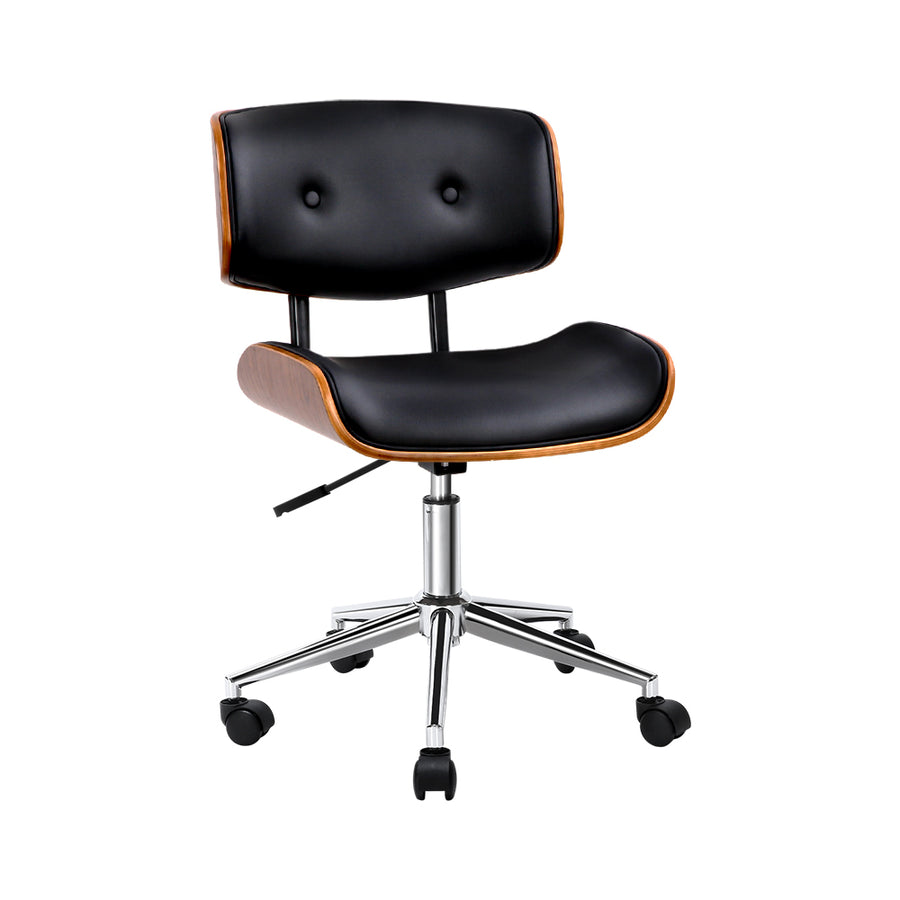 Retro Wood & PU Leather Low Back Office Chair - Black Homecoze