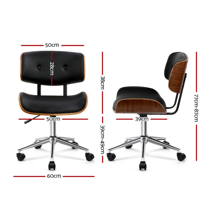 Retro Wood & PU Leather Low Back Office Chair - Black Homecoze