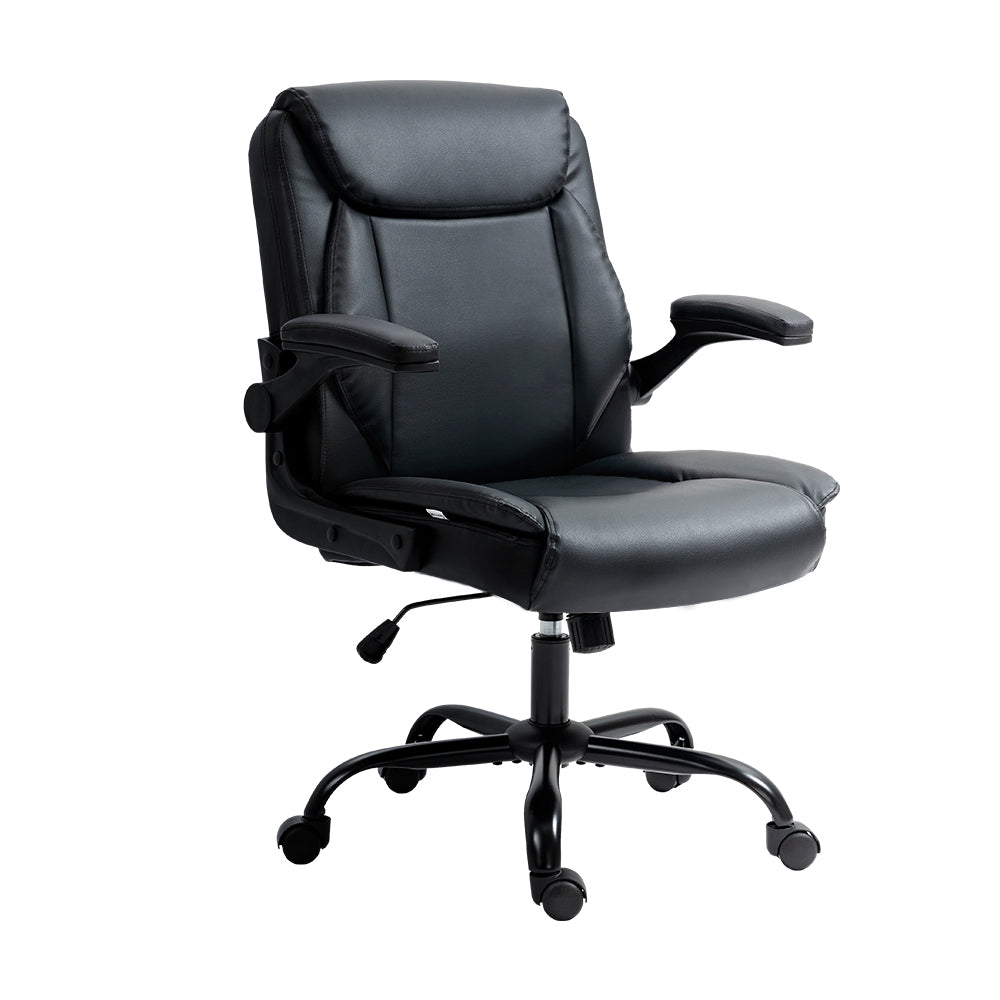 PU Leather Mid Back Office Chair Swivel Gas Lift with Flip-up Armrests - Black Homecoze
