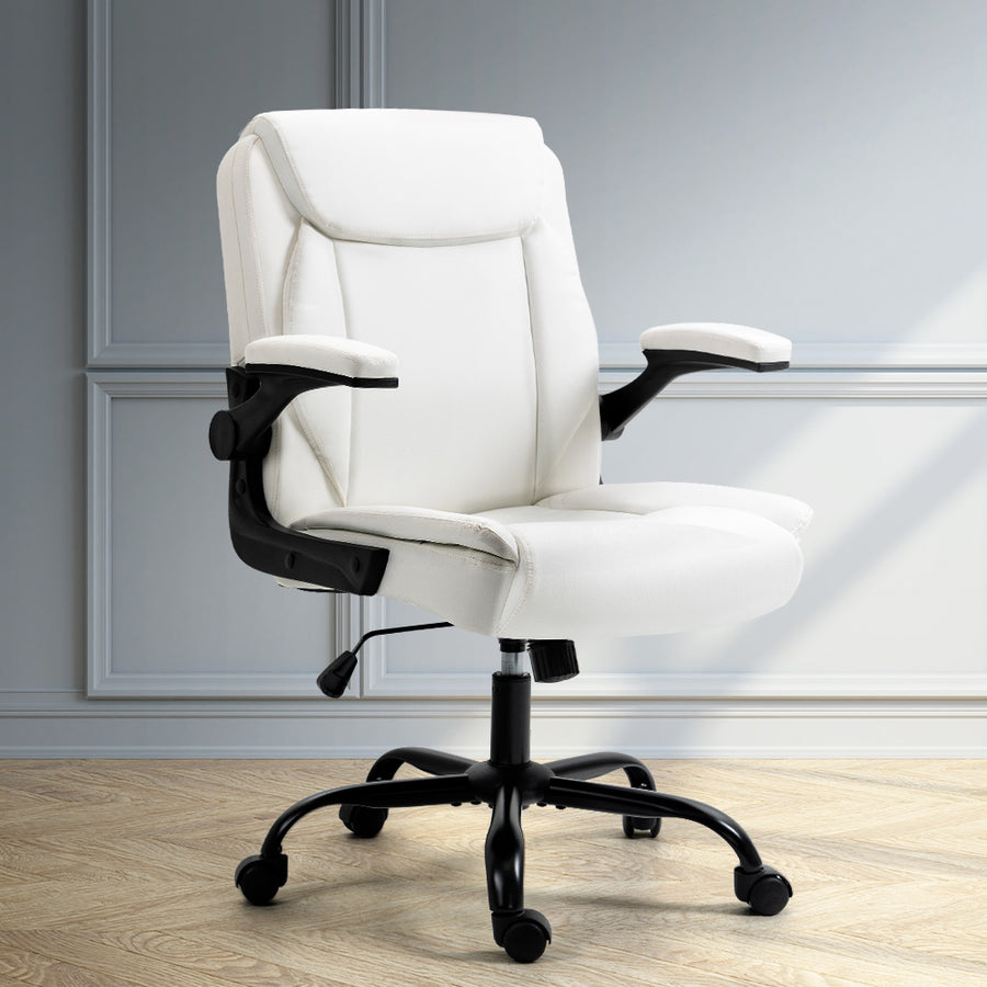 PU Leather Mid Back Office Chair Swivel Gas Lift with Flip-up Armrests - White Homecoze