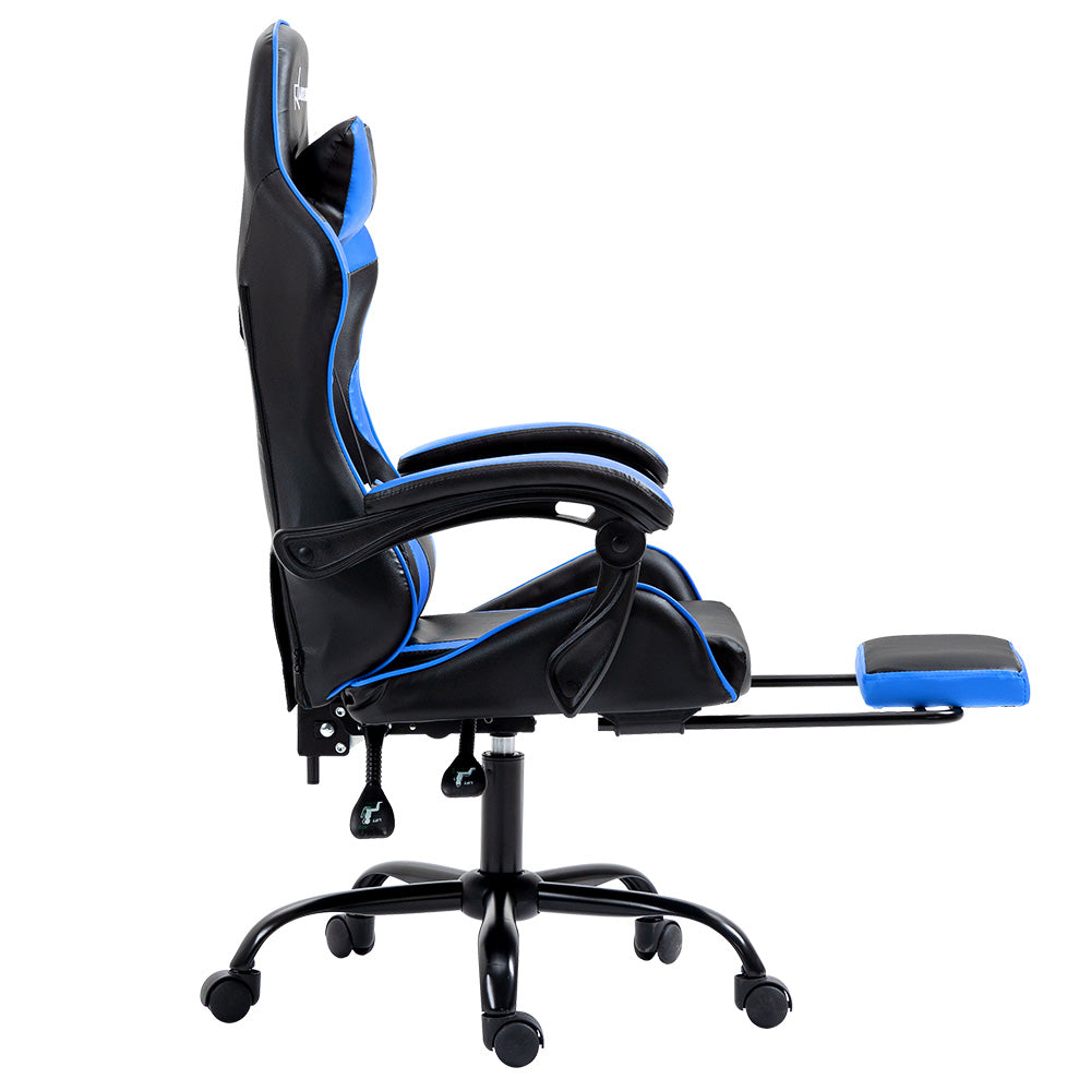 Gaming Race Style Office Chair PU Leather with Footrest + Head & Lumbar Pillows - Blue Homecoze