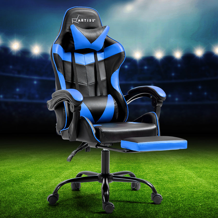 Gaming Race Style Office Chair PU Leather with Footrest + Head & Lumbar Pillows - Blue Homecoze