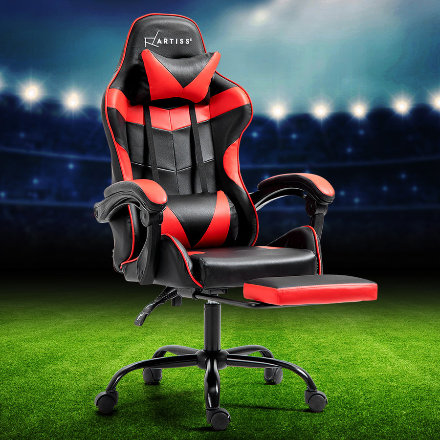 Gaming Race Style Office Chair PU Leather with Footrest + Head & Lumbar Pillows - Red Homecoze