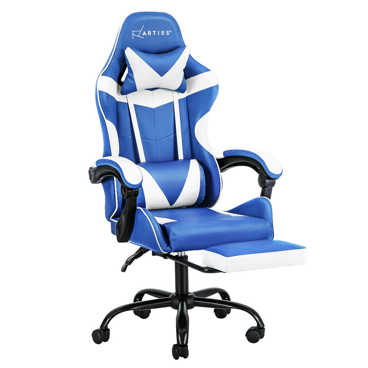 PU Leather Gaming Office Chair with Footrest - Blue & White