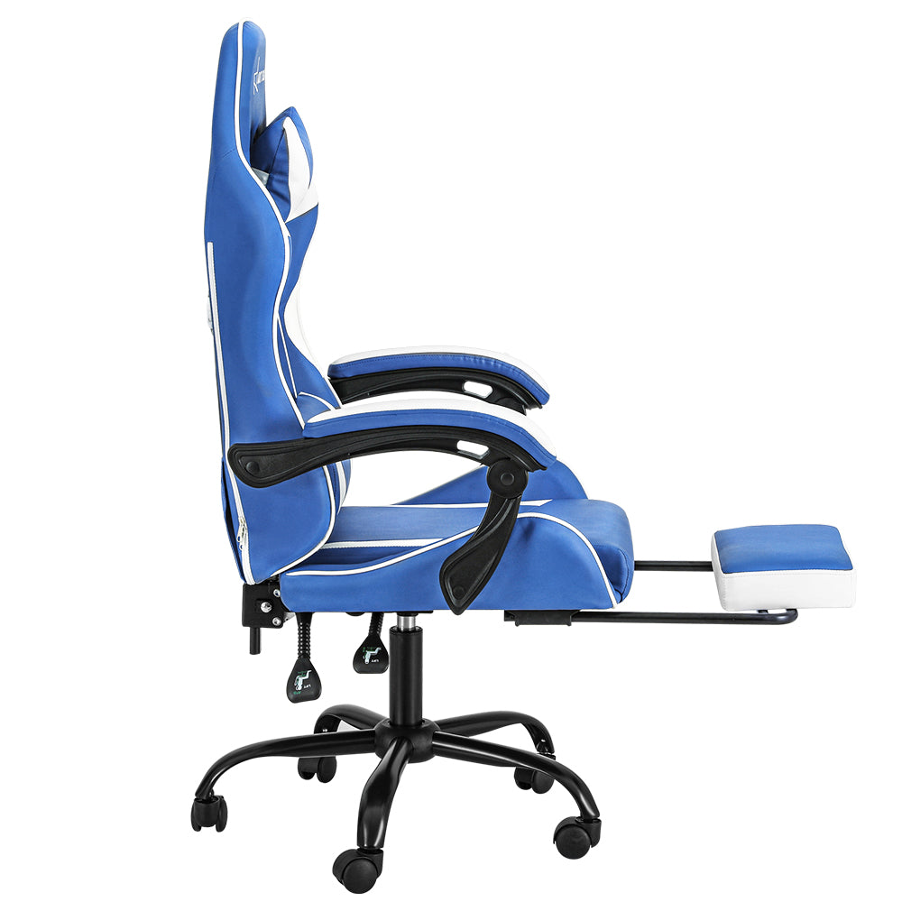 PU Leather Gaming Office Chair with Footrest - Blue & White
