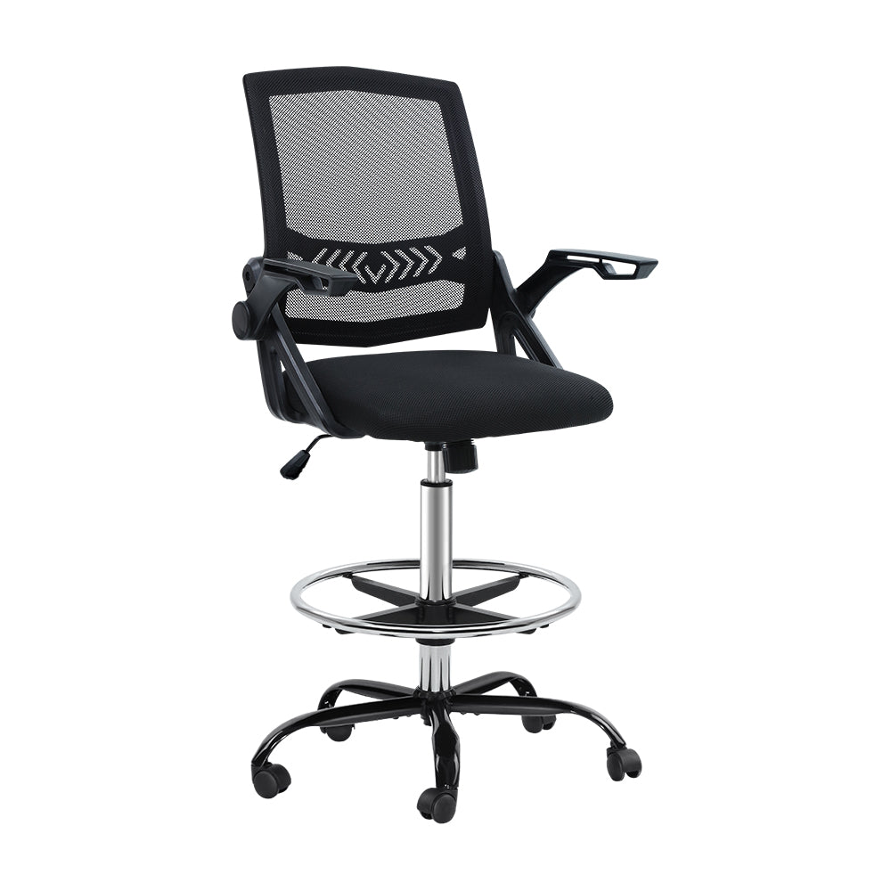 Mesh Office Drafting Chair Stool with Flip Up Armrests - Black Homecoze