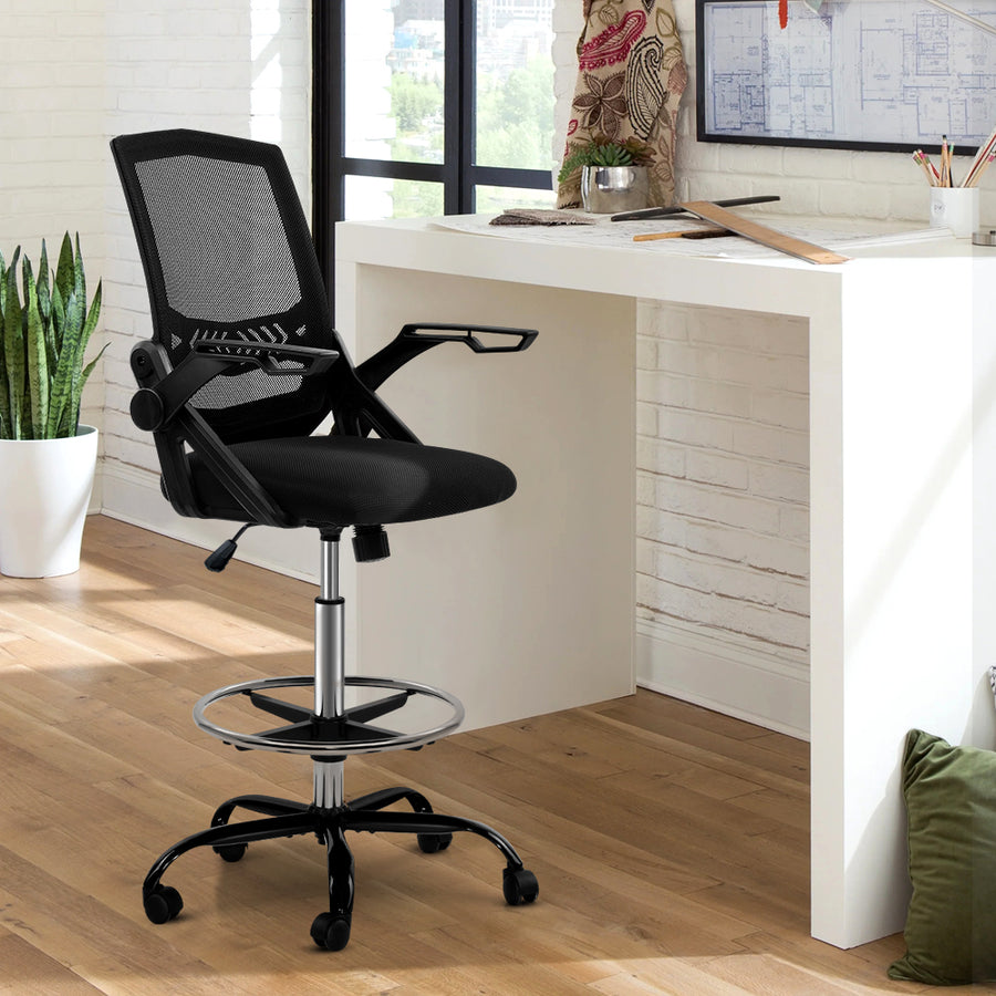 Mesh Office Drafting Chair Stool with Flip Up Armrests - Black Homecoze