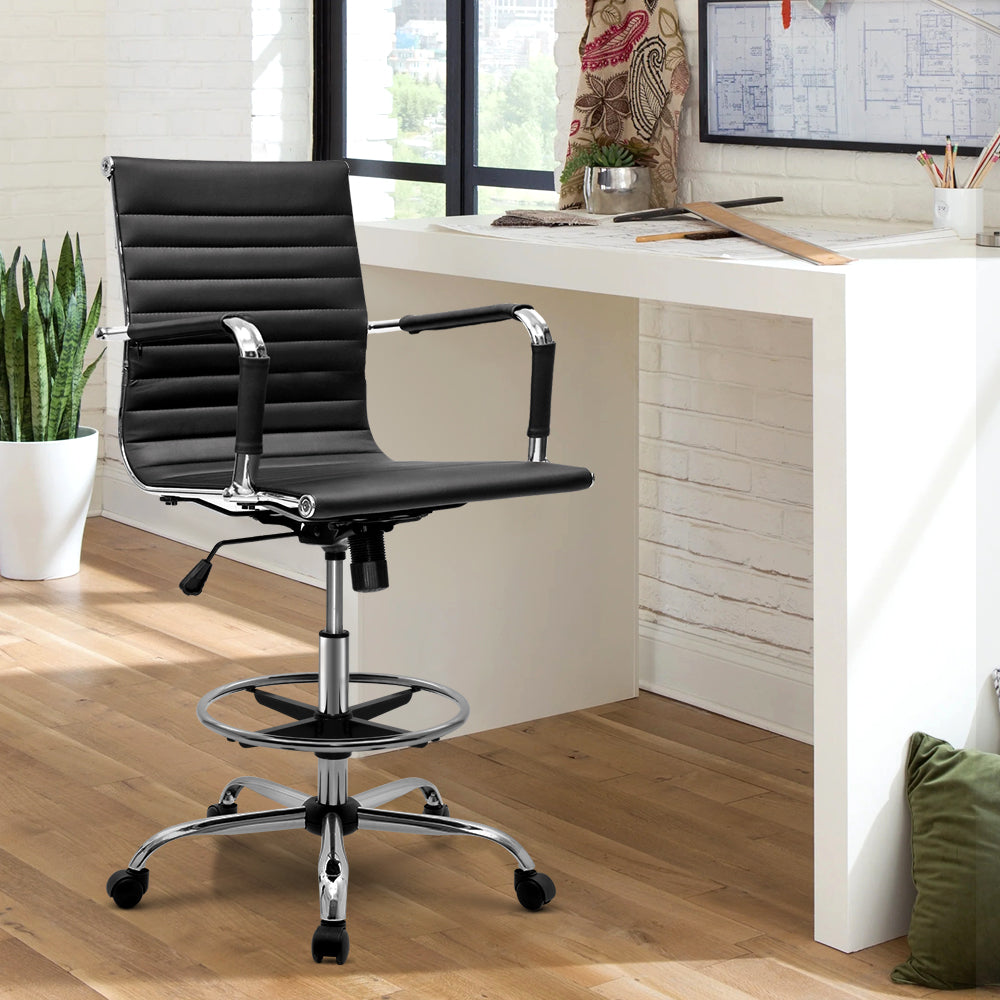 Office Chair Drafting Stool PU Leather with Fixed Armrest - Black Homecoze