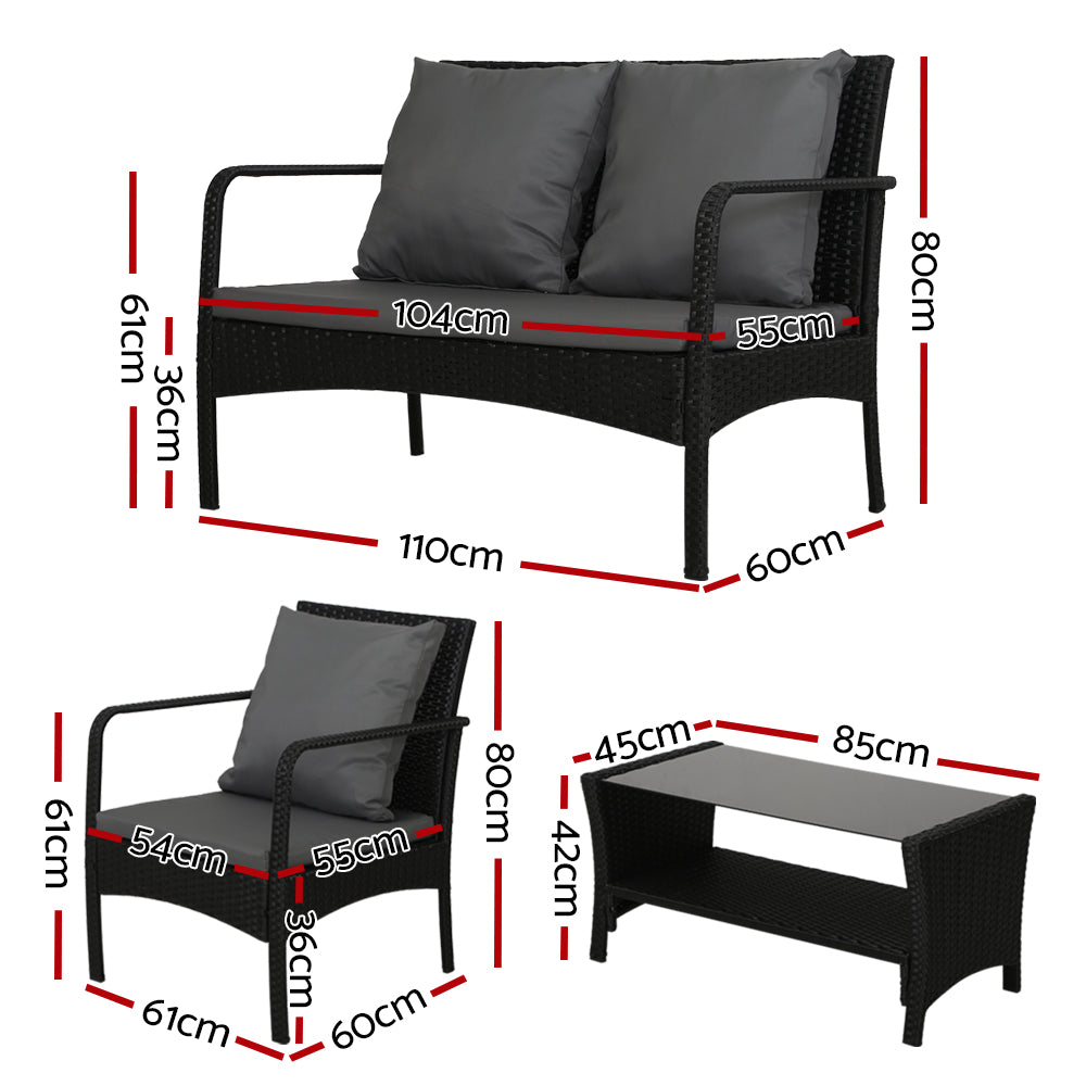 4 Piece Wicker Outdoor Bistro Table & Chairs Set - Black - Homecoze