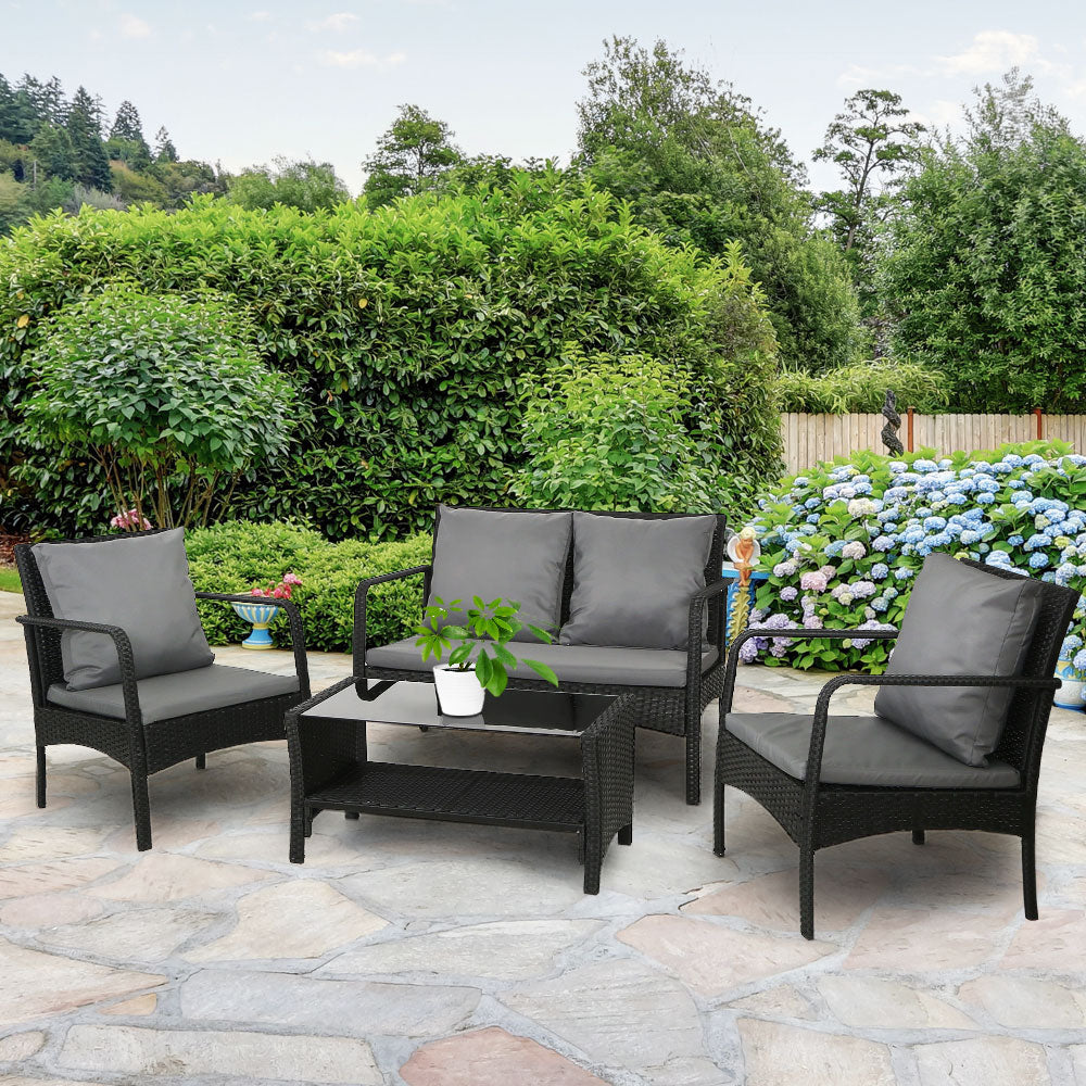 4 Piece Wicker Outdoor Bistro Table & Chairs Set - Black Homecoze