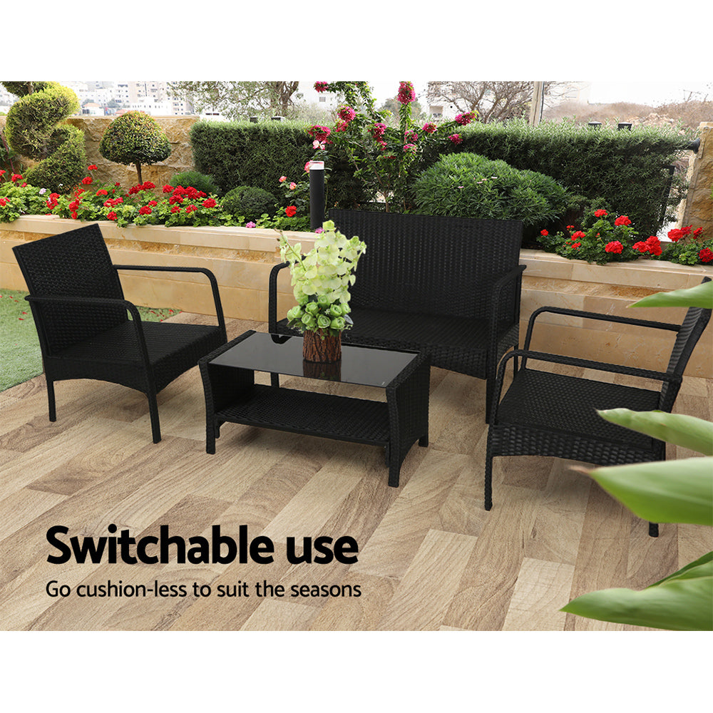 4 Piece Wicker Outdoor Bistro Table & Chairs Set - Black - Homecoze
