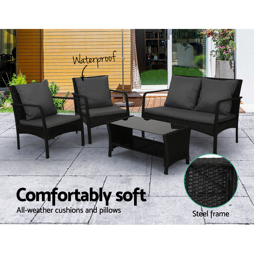 4 Piece Wicker Outdoor Bistro Table & Chairs Set - Black - Homecoze