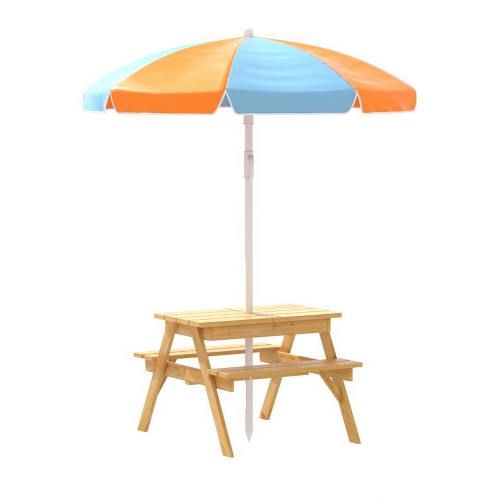 Kids Outdoor Table and Chairs Picnic Bench Set with Umbrella + Water / Sand Pit Box Homecoze
