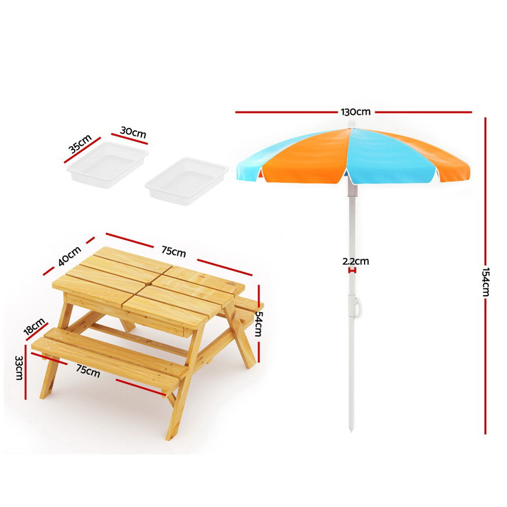 Kids Outdoor Table and Chairs Picnic Bench Set with Umbrella + Water / Sand Pit Box Homecoze