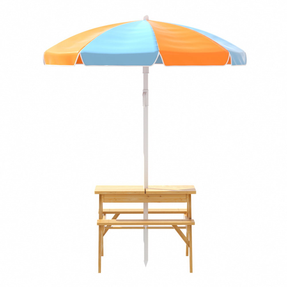 Kids Outdoor Table and Chairs Picnic Bench Set with Umbrella + Water / Sand Pit Box Homecoze