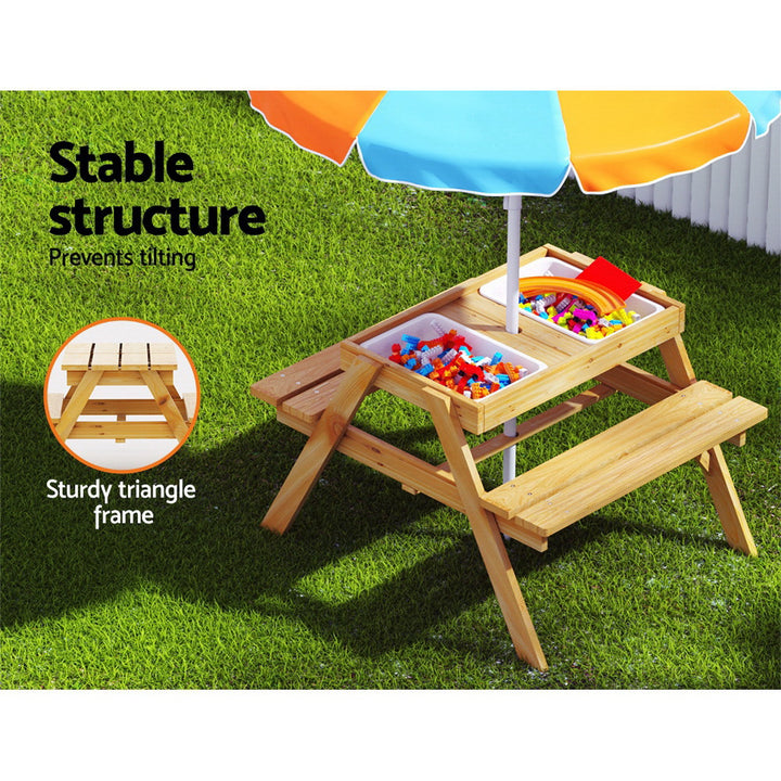 Kids Outdoor Table and Chairs Picnic Bench Set with Umbrella + Water / Sand Pit Box Homecoze