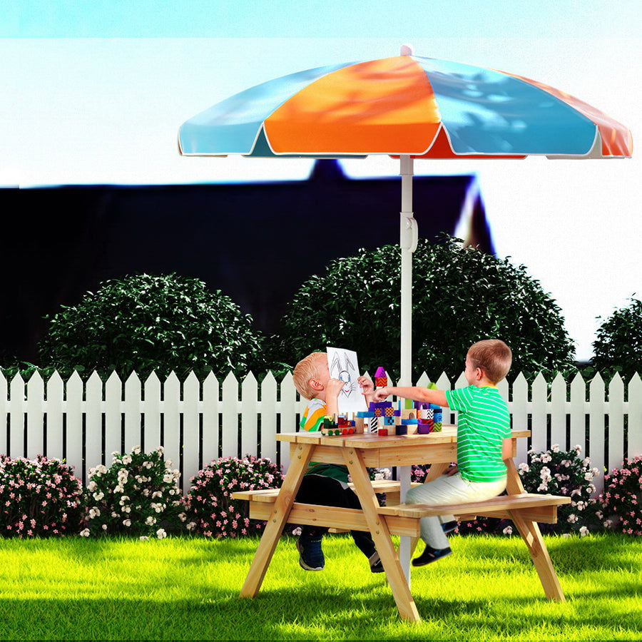 Kids Outdoor Table and Chairs Picnic Bench Set with Umbrella + Water / Sand Pit Box Homecoze