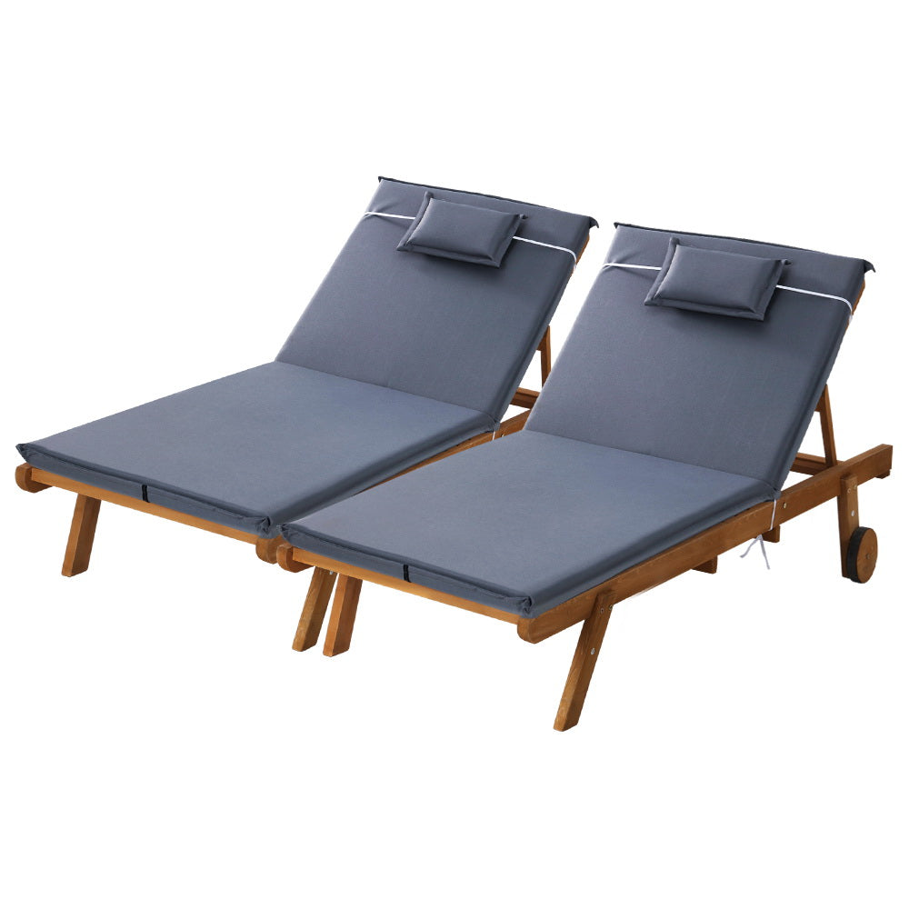 Set of 2 Resort Style Wooden Sun Lounge Pool Day Bed with Wheels - Grey Homecoze