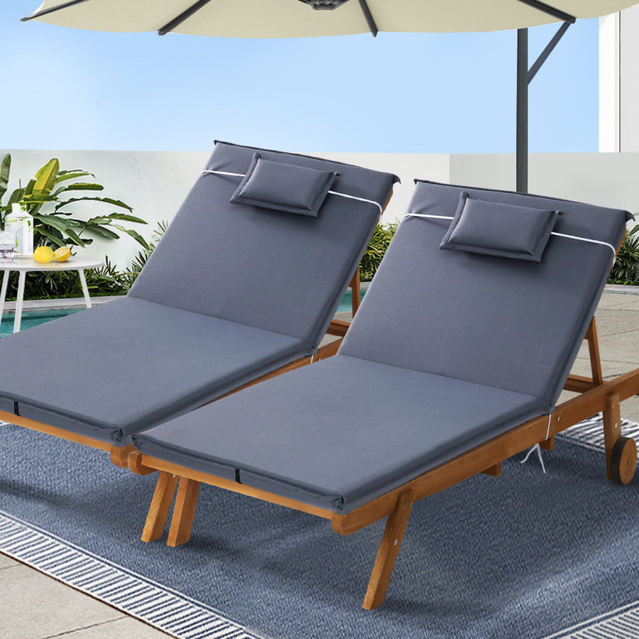 Set of 2 Resort Style Wooden Sun Lounge Pool Day Bed with Wheels - Grey Homecoze