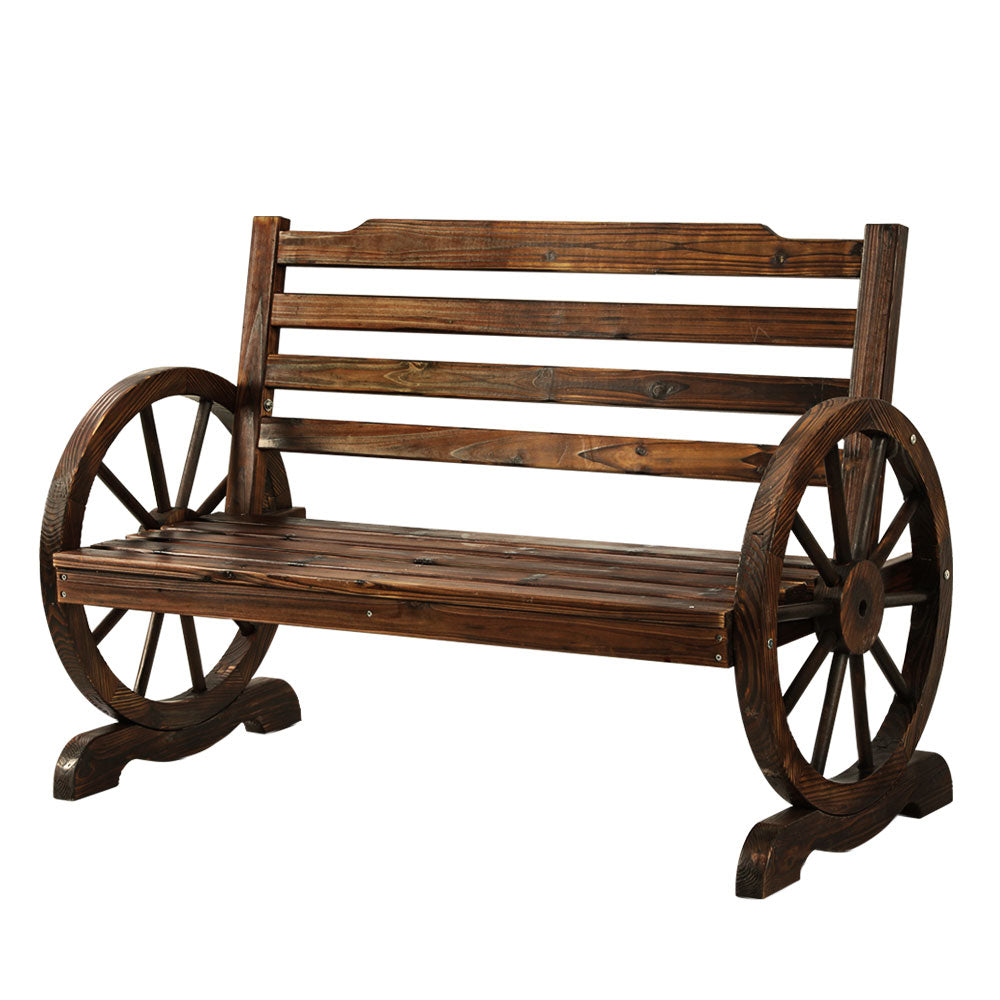 Wooden 2 Seater Rustic Wagon Wheel Garden Bench Chair - Burnt Wood Brown Homecoze