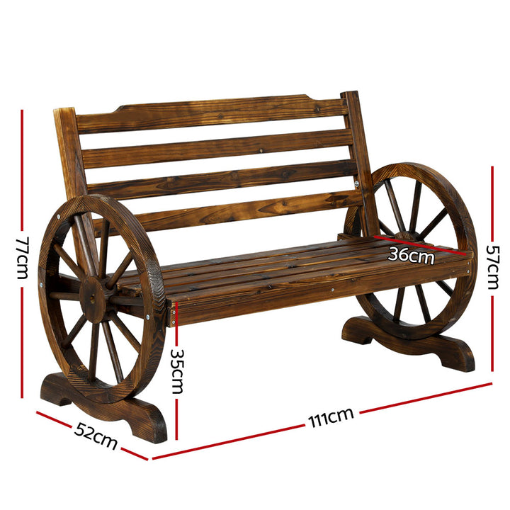 Wooden 2 Seater Rustic Wagon Wheel Garden Bench Chair - Burnt Wood Brown Homecoze