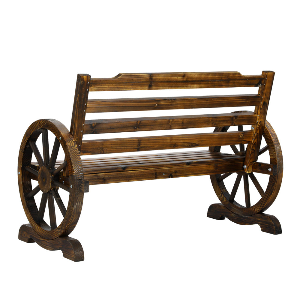 Wooden 2 Seater Rustic Wagon Wheel Garden Bench Chair - Burnt Wood Brown Homecoze