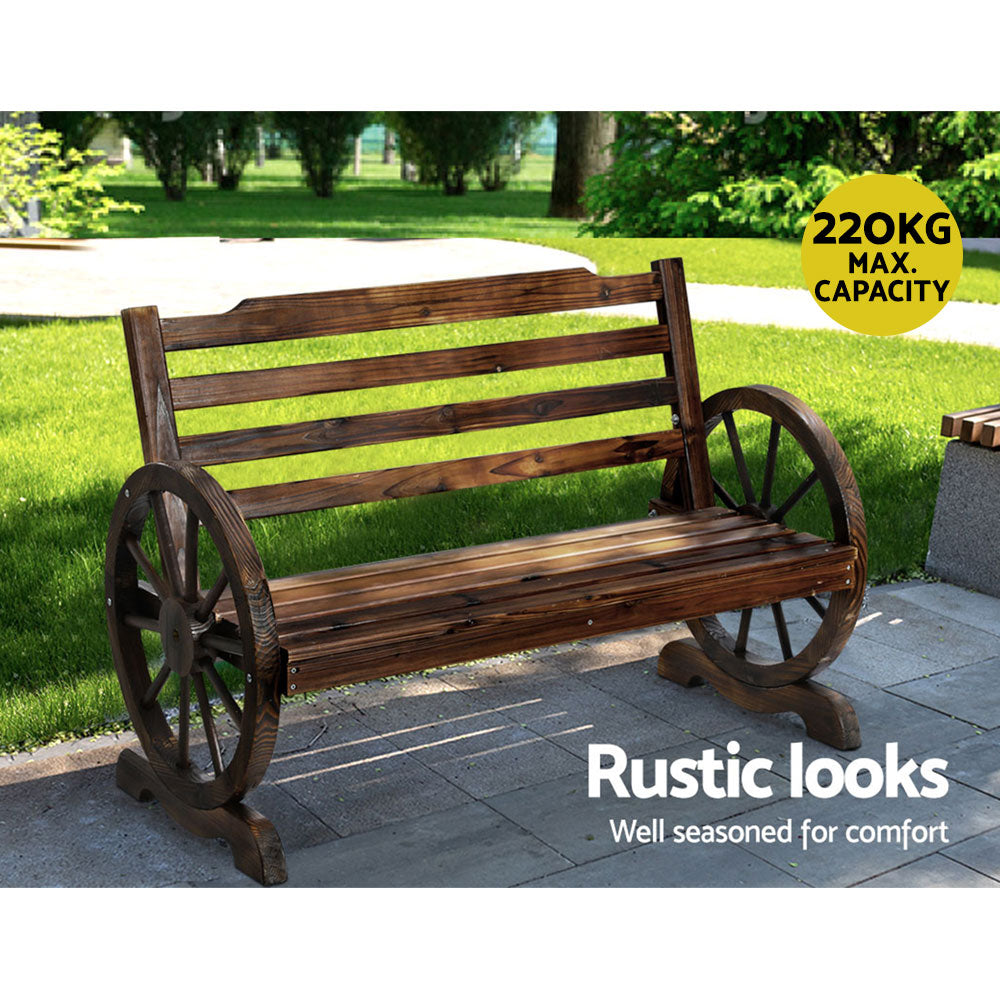Wooden 2 Seater Rustic Wagon Wheel Garden Bench Chair - Burnt Wood Brown Homecoze