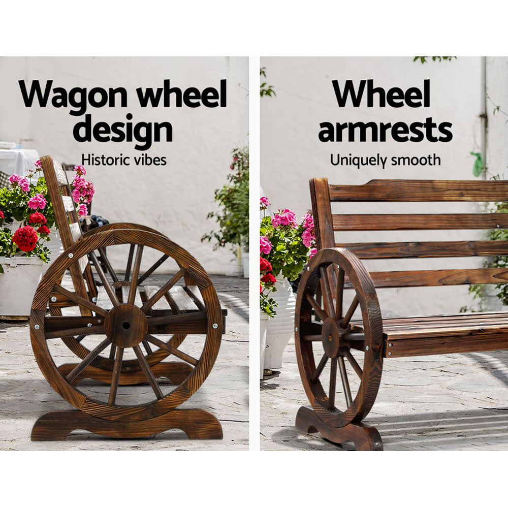 Wooden 2 Seater Rustic Wagon Wheel Garden Bench Chair - Burnt Wood Brown Homecoze