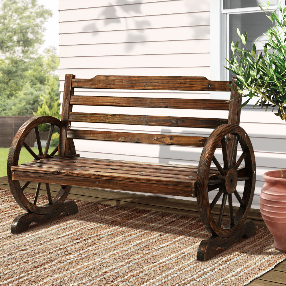 Wooden 2 Seater Rustic Wagon Wheel Garden Bench Chair - Burnt Wood Brown Homecoze