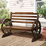 Wooden 2 Seater Rustic Wagon Wheel Garden Bench Chair - Burnt Wood Brown Homecoze