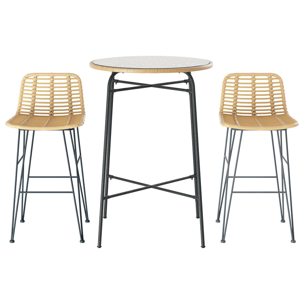 3PC Wicker Outdoor Bar Table & Stools Patio Bistro Dining Set Homecoze