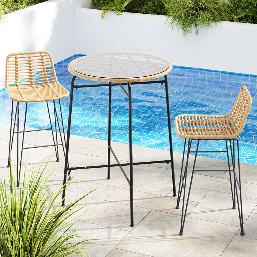 3PC Wicker Outdoor Bar Table & Stools Patio Bistro Dining Set Homecoze