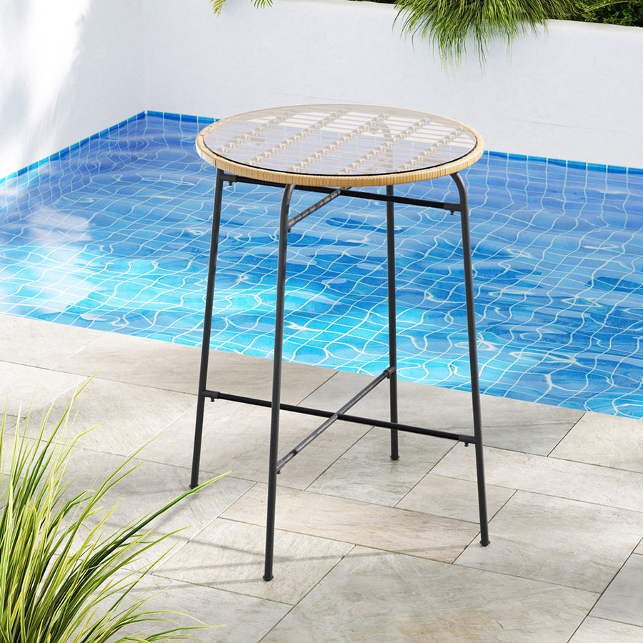 Wicker Outdoor Bar Table Bistro Dining Table with Tempered Glass Top Homecoze