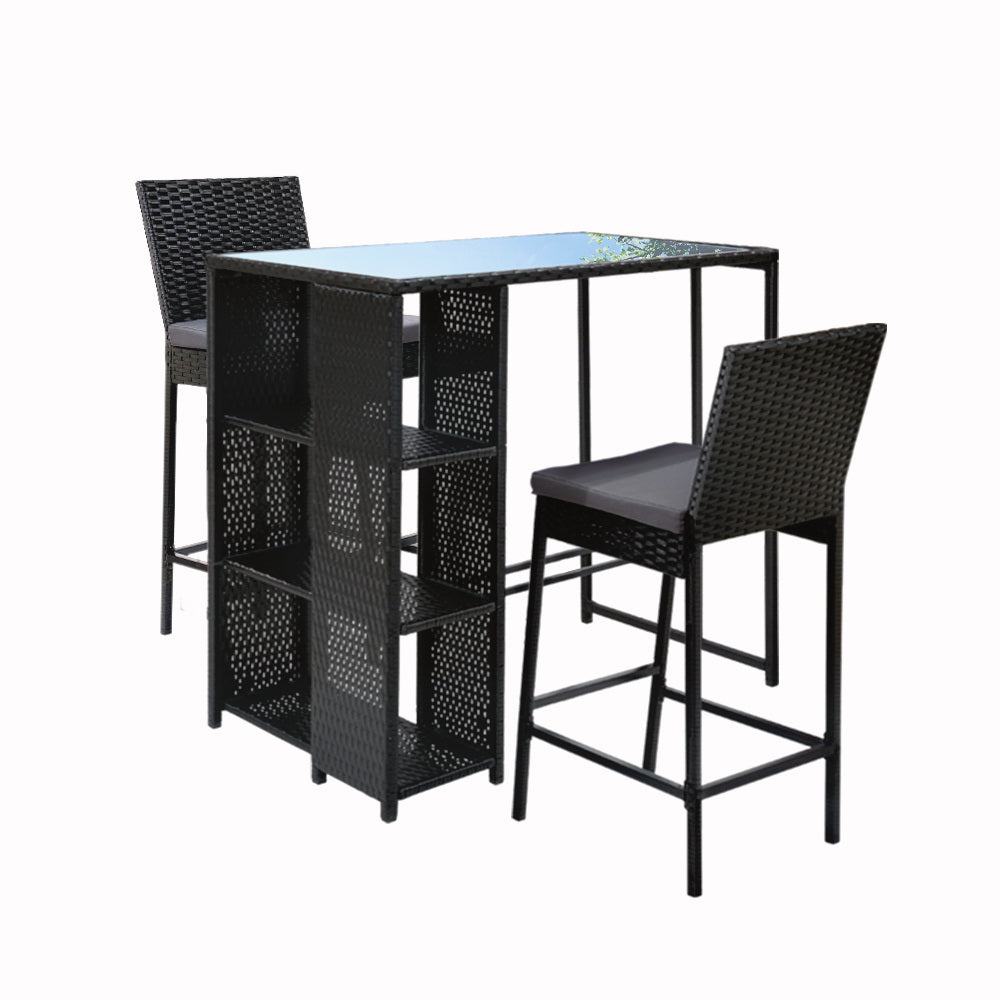 3 Piece Outdoor Wicker Bar Table with Storage Shelf Dining Set - Black Homecoze