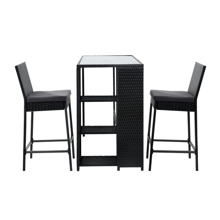 3 Piece Outdoor Wicker Bar Table with Storage Shelf Dining Set - Black Homecoze