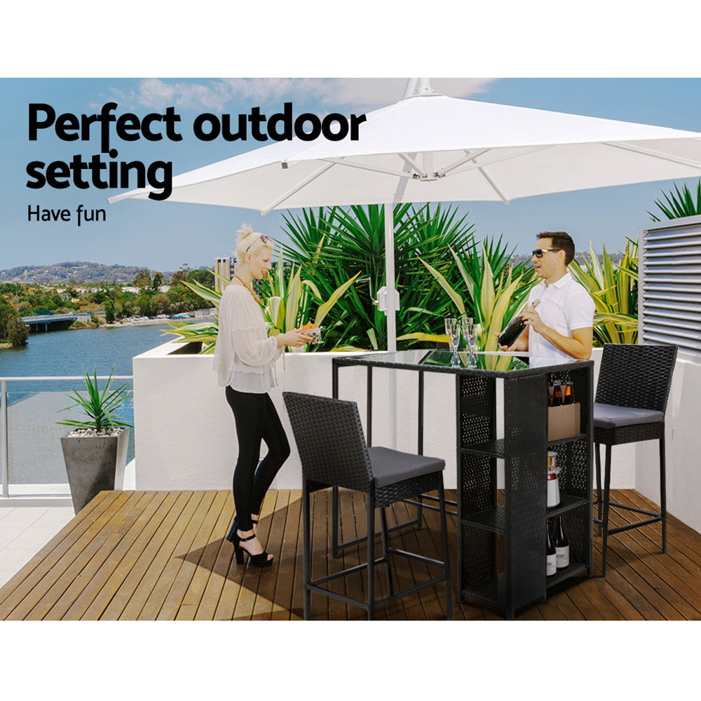 3 Piece Outdoor Wicker Bar Table with Storage Shelf Dining Set - Black Homecoze