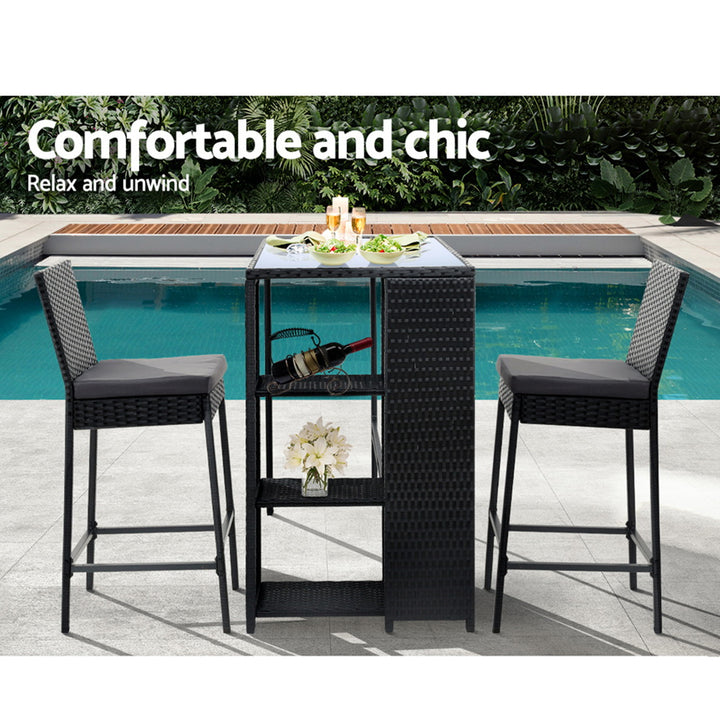 3 Piece Outdoor Wicker Bar Table with Storage Shelf Dining Set - Black Homecoze