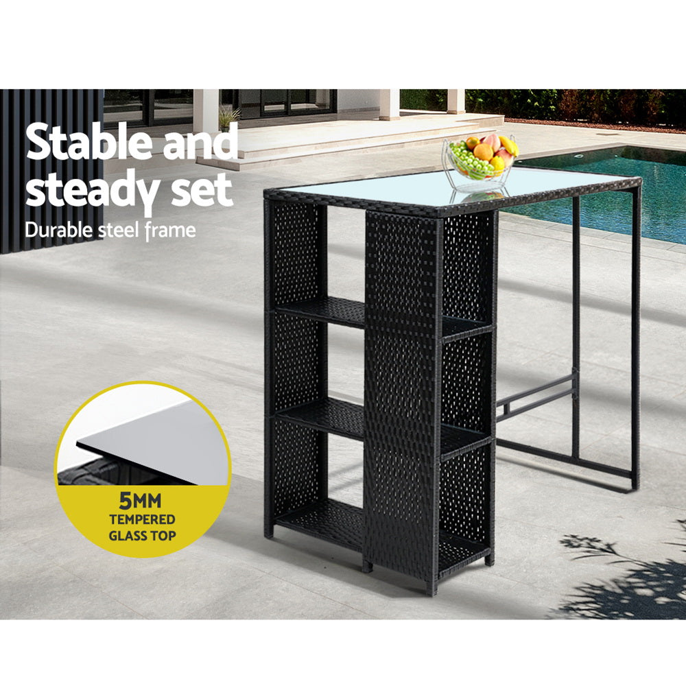 3 Piece Outdoor Wicker Bar Table with Storage Shelf Dining Set - Black Homecoze