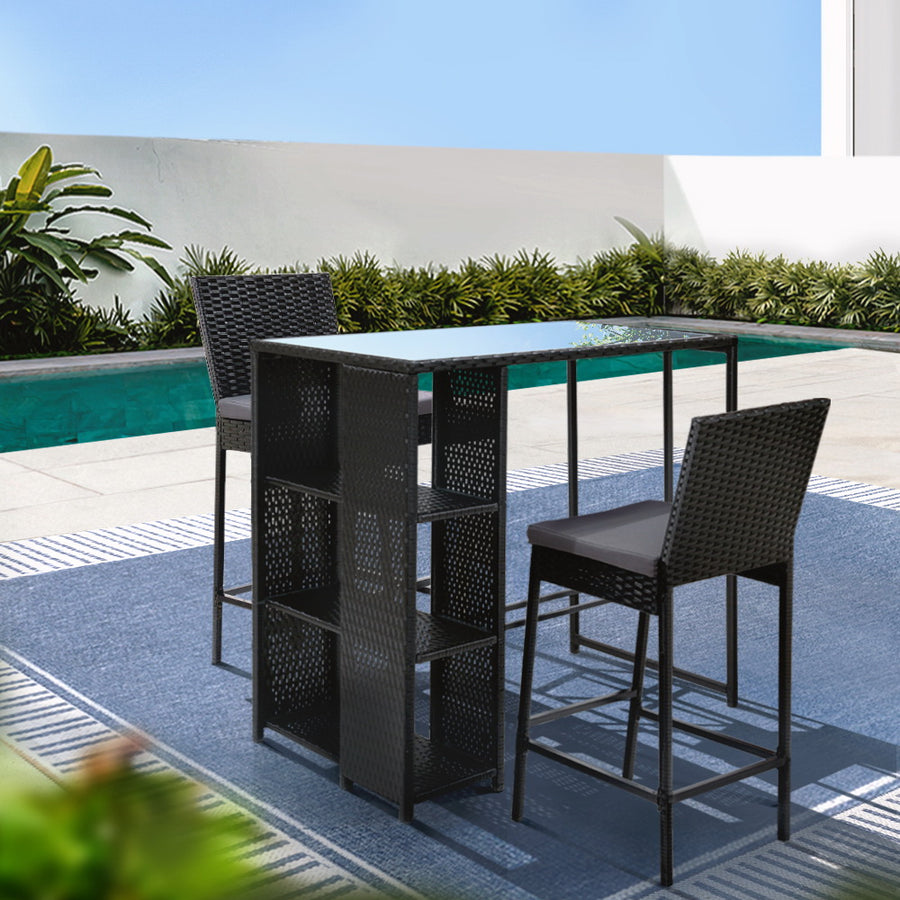 3 Piece Outdoor Wicker Bar Table with Storage Shelf Dining Set - Black Homecoze