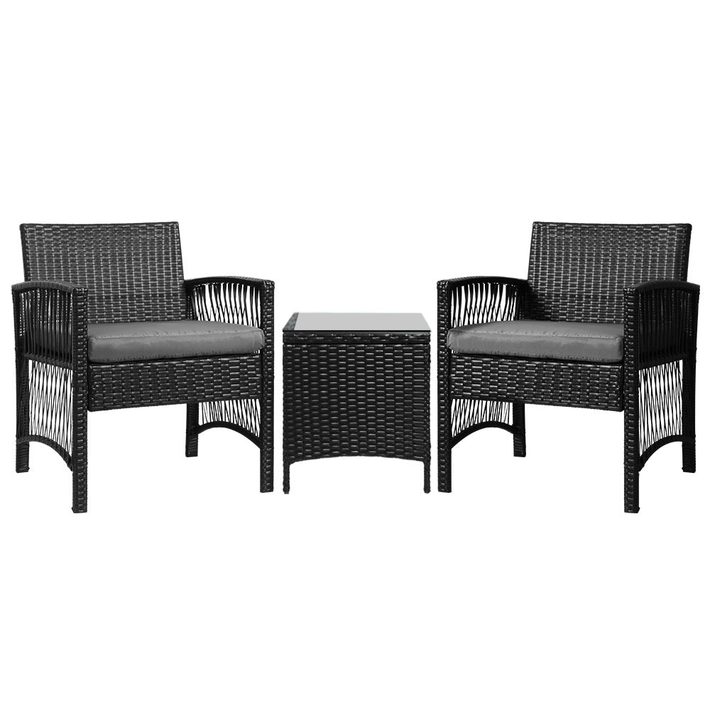 3PC Wicker Outdoor Harp Style Bistro Table & Chair Set - Black Homecoze