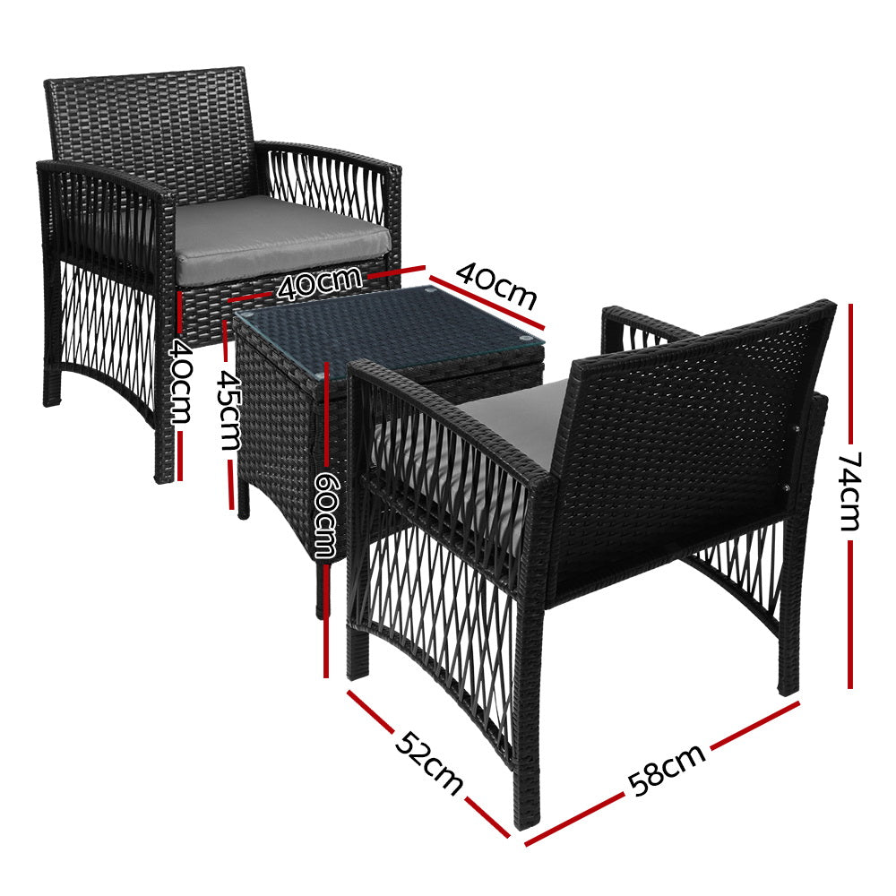 3PC Wicker Outdoor Harp Style Bistro Table & Chair Set - Black Homecoze