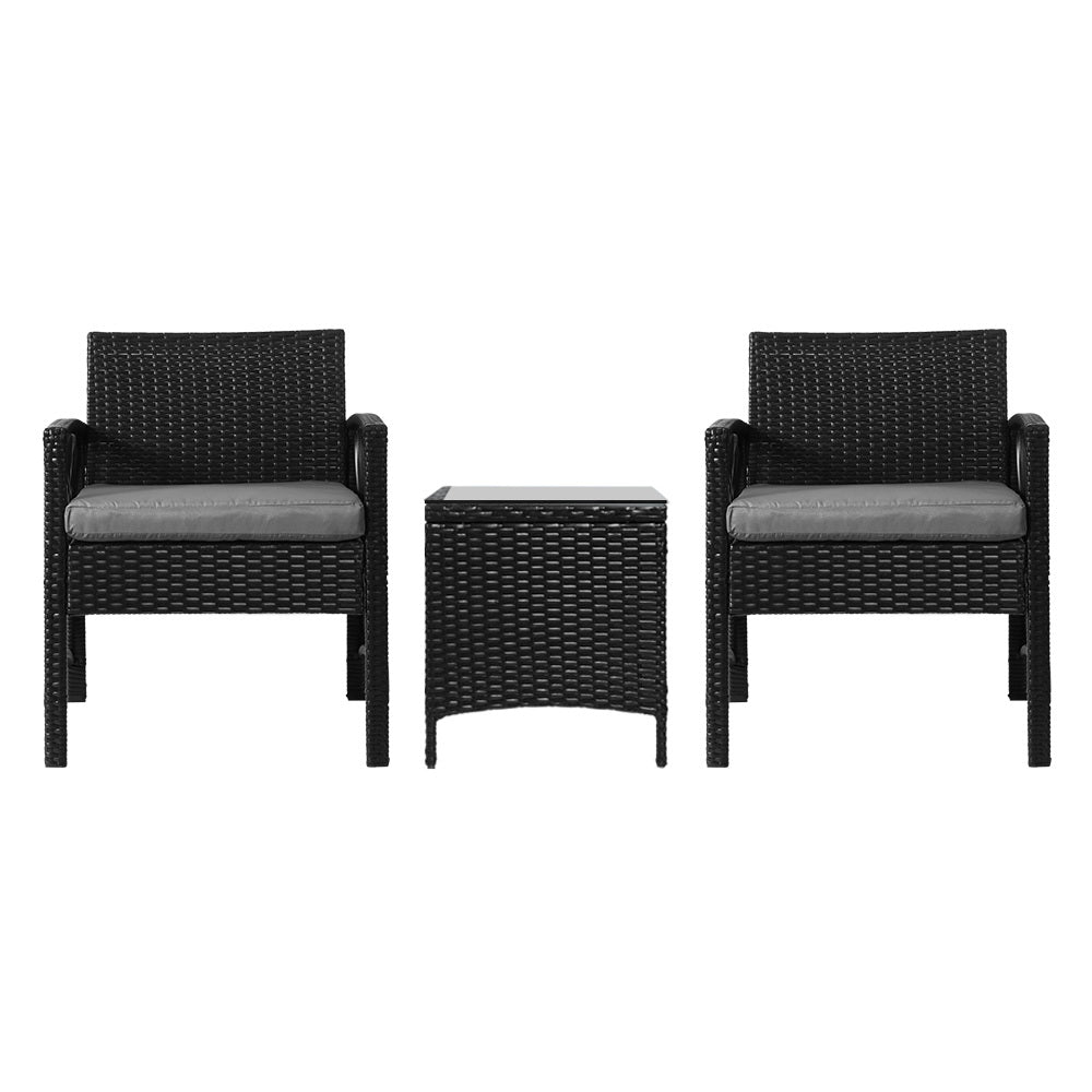 3PC Wicker Outdoor Harp Style Bistro Table & Chair Set - Black Homecoze