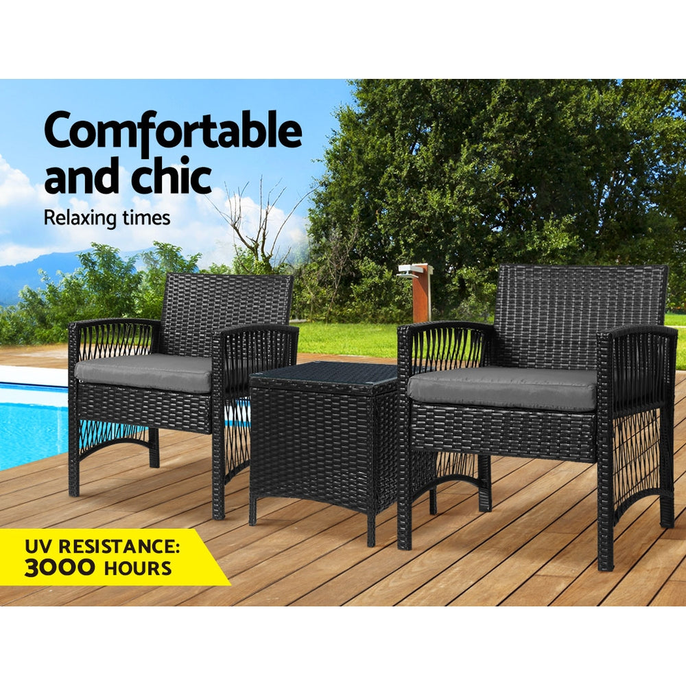 3PC Wicker Outdoor Harp Style Bistro Table & Chair Set - Black Homecoze