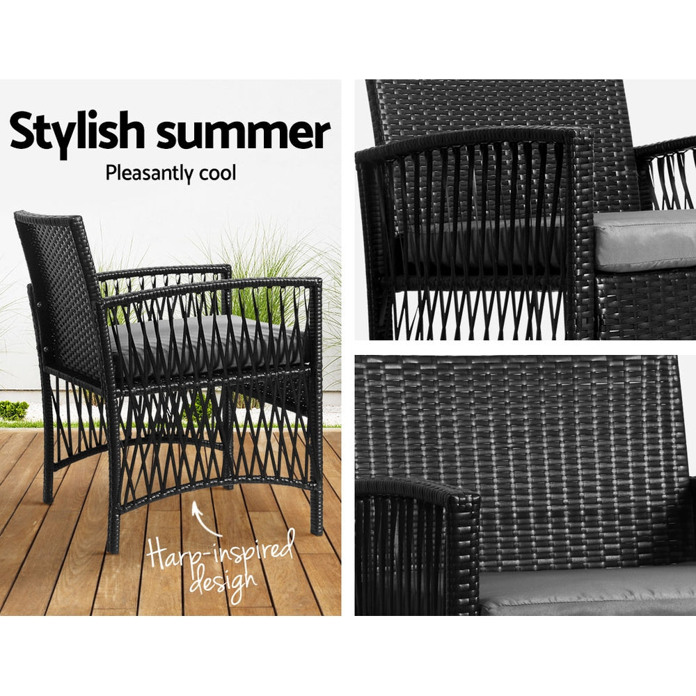 3PC Wicker Outdoor Harp Style Bistro Table & Chair Set - Black Homecoze