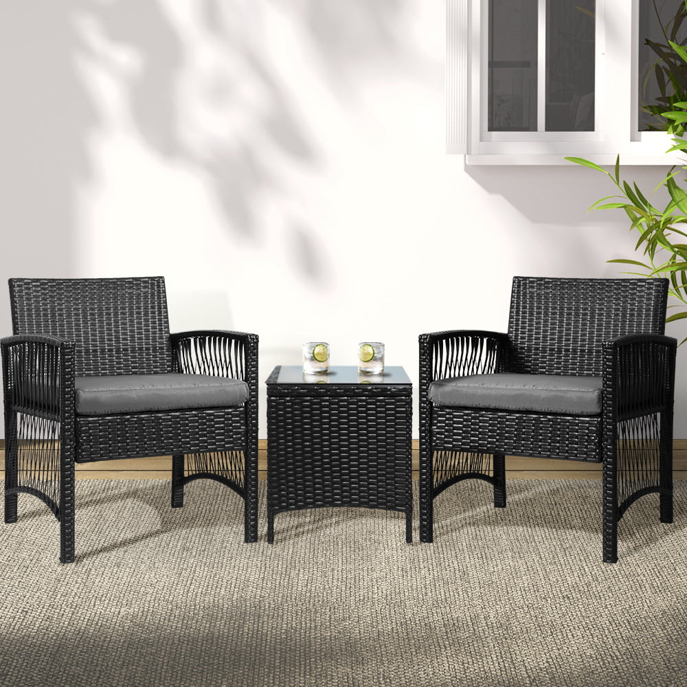 3PC Wicker Outdoor Harp Style Bistro Table & Chair Set - Black Homecoze