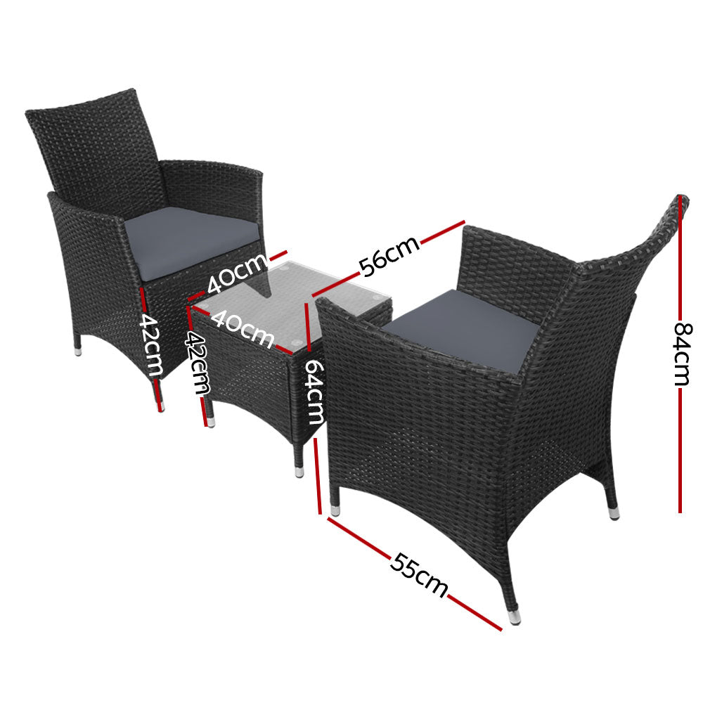 3PC Outdoor Wicker Bistro Set - Black - Homecoze
