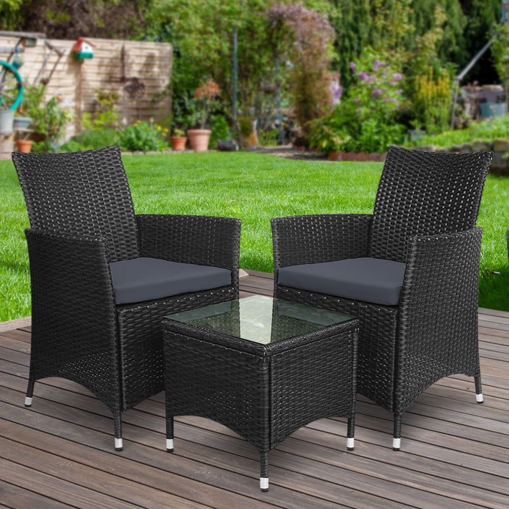 3 Piece Wicker Outdoor Bistro Table & Chair Set - Black Homecoze