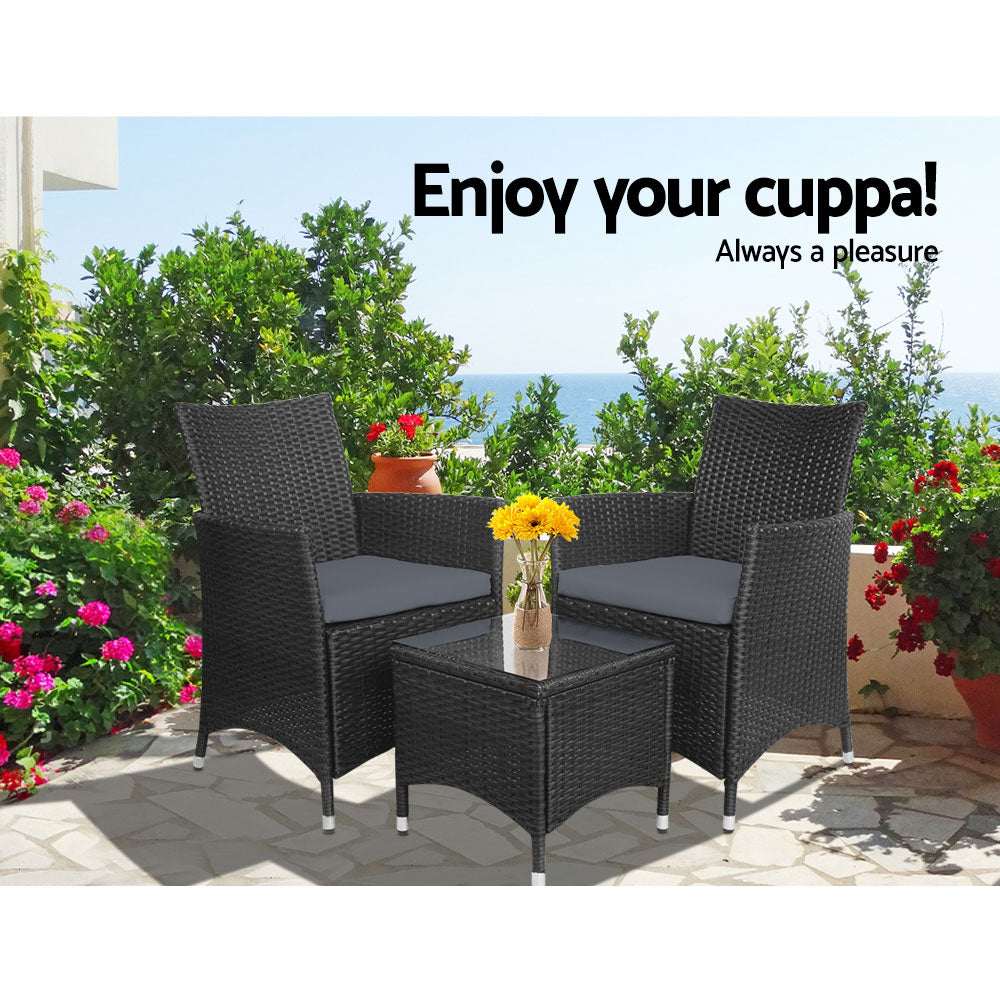 3 Piece Wicker Outdoor Bistro Table & Chair Set - Black Homecoze