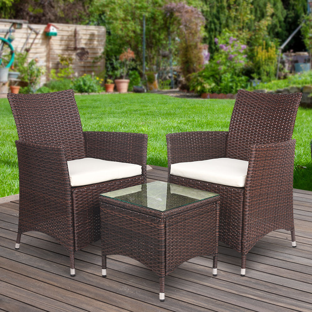 3 Piece Wicker Outdoor Bistro Table & Chair Set - Brown Homecoze