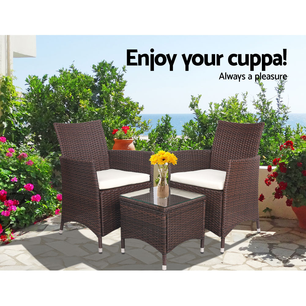 3 Piece Wicker Outdoor Bistro Table & Chair Set - Brown Homecoze